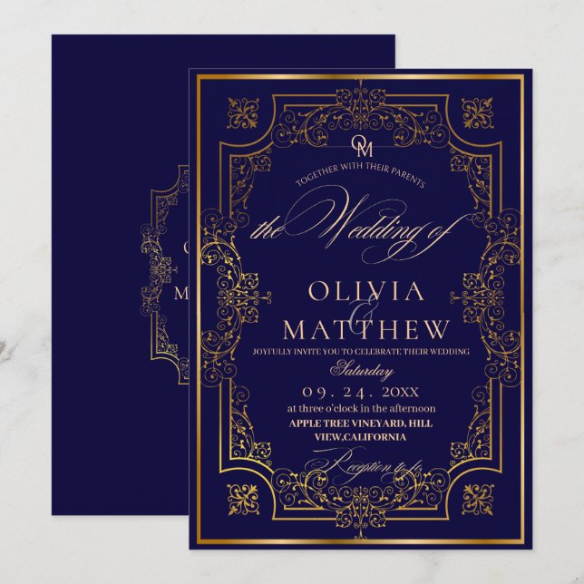 Chic Gold Blue Script Wedding Invitation (Front/Back)