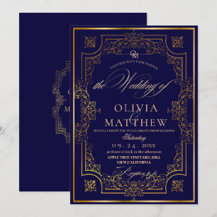 Chic Gold Blue Script Wedding Invitation