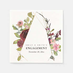 CHIC GOLD BLUSH BURGUNDY ROSE FLORAL ENGAGEMENT NAPKIN