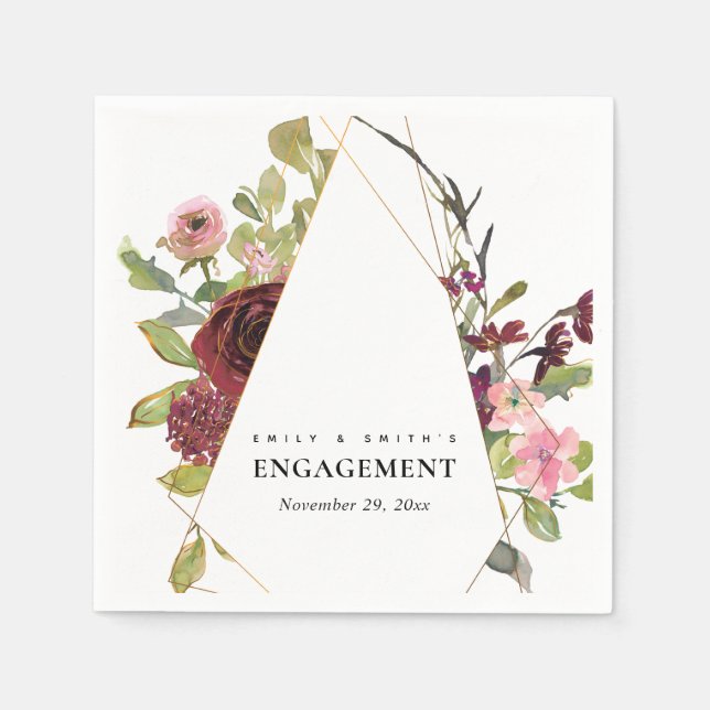 CHIC GOLD BLUSH BURGUNDY ROSE FLORAL ENGAGEMENT NAPKIN (Front)