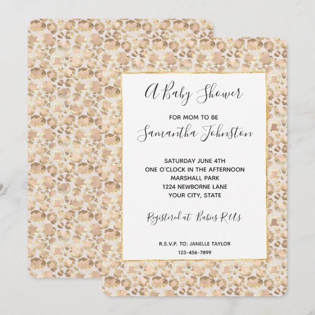 Chic Gold Blush Pink Leopard Print Baby Shower Invitation (Front/Back)