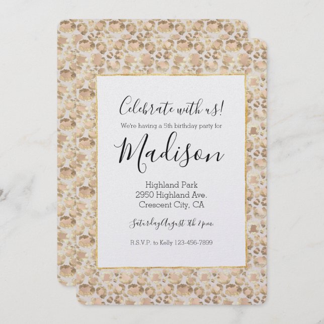 Chic Gold Blush Pink Leopard Print Birthday Invitation (Front/Back)