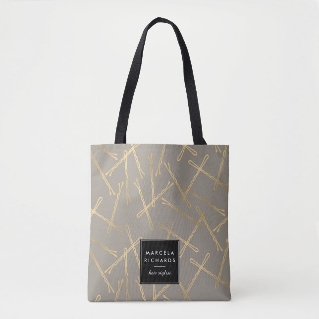 Chic Gold Bobby Pins Grey Personalised Tote Bag (Front)