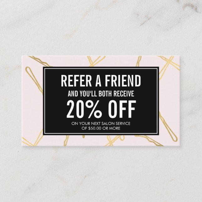 Chic Gold Bobby Pins Hair Salon Pink Referral Card (Front)