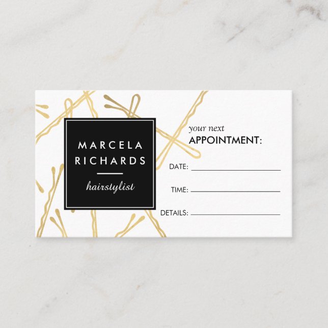 Chic Gold Bobby Pins Hair Stylist Appointment Card (Front)