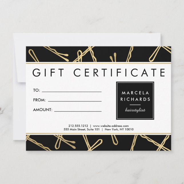 Chic Gold Bobby Pins Hair Stylist Black Gift Card (Front)