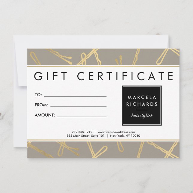 Chic Gold Bobby Pins Hair Stylist Grey Gift Card (Front)