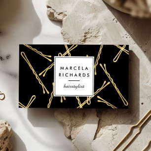 Chic Gold Bobby Pins Hair Stylist Salon Black Business Card