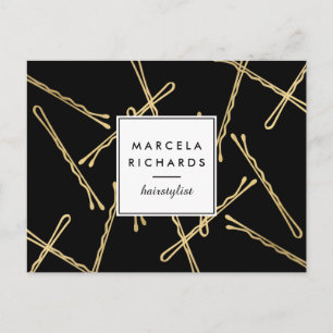 Chic Gold Bobby Pins Hair Stylist Salon Black Postcard