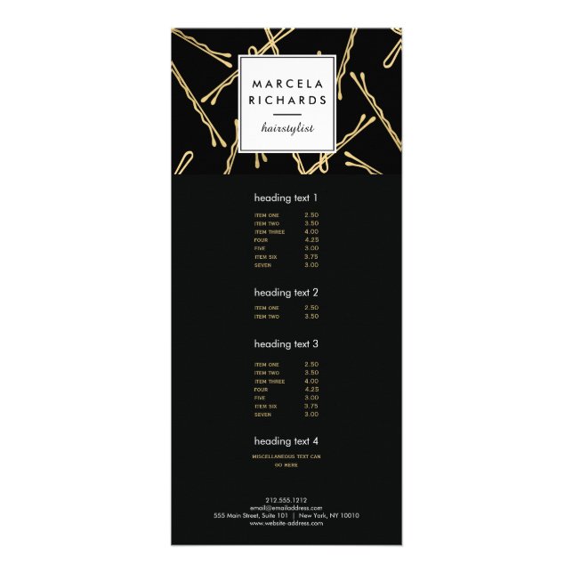 Chic Gold Bobby Pins Hair Stylist Salon Black Rack Card (Front)
