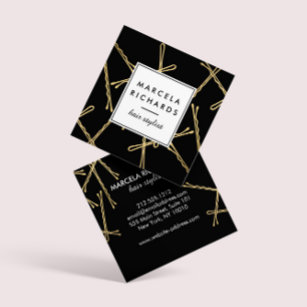 Chic Gold Bobby Pins Hair Stylist Salon Black Square Business Card
