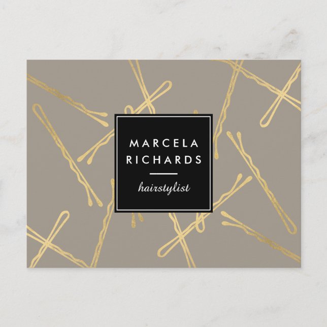 Chic Gold Bobby Pins Hair Stylist Salon Grey Postcard (Front)