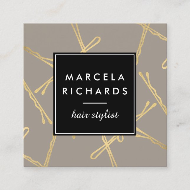 Chic Gold Bobby Pins Hair Stylist Salon Grey Square Business Card (Front)