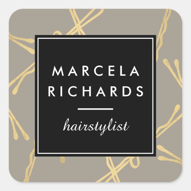 Chic Gold Bobby Pins Hair Stylist Salon Grey Square Sticker (Front)