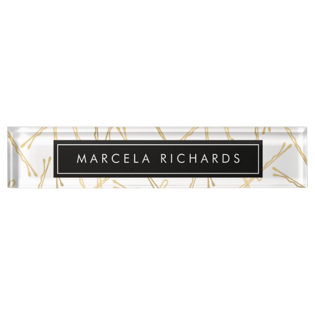Chic Gold Bobby Pins Hair Stylist Salon Nameplate (Front)