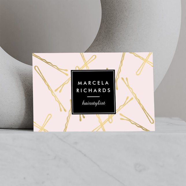 Chic Gold Bobby Pins Hair Stylist Salon Pink Business Card (Creator Uploaded)