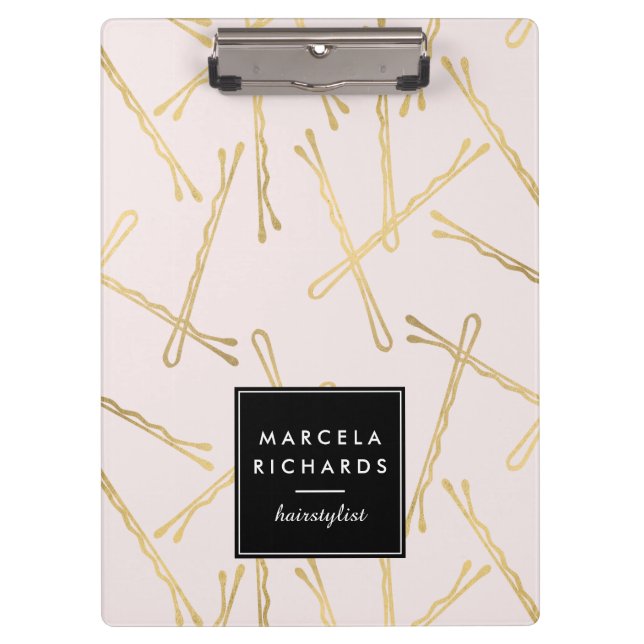 Chic Gold Bobby Pins Hair Stylist Salon Pink Clipboard (Front)