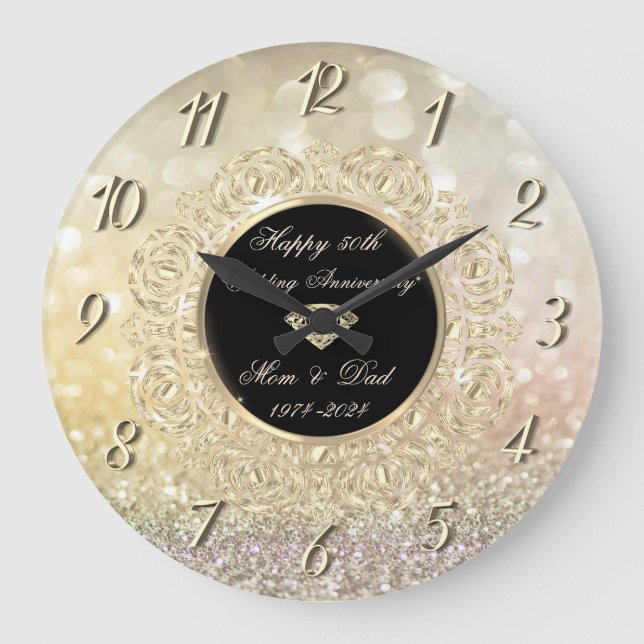 Chic Gold  Bokeh 50th Wedding Anniversary Large Clock (Front)