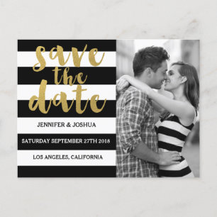 Chic Gold   Bold Black Stripe Photo Save the Date Announcement Postcard