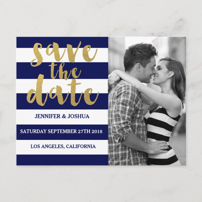 Chic Gold | Bold Blue Stripe Photo Save the Date Announcement Postcard (Front)