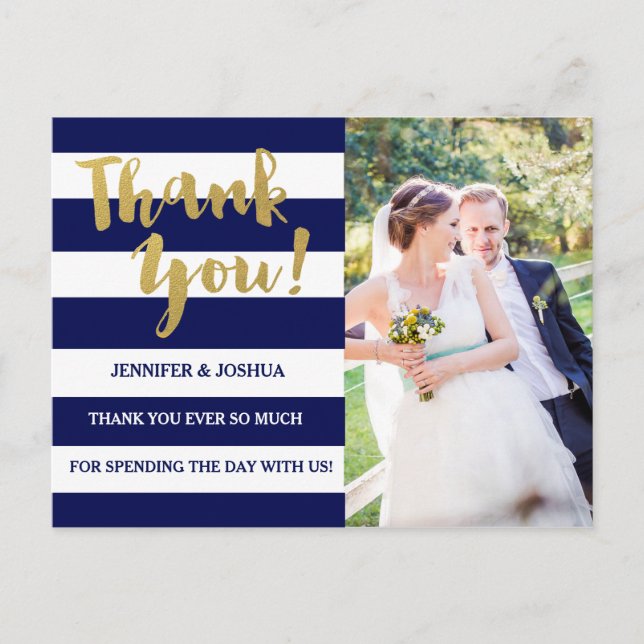 Chic Gold | Bold Blue Stripe Photo Thank You Postcard (Front)