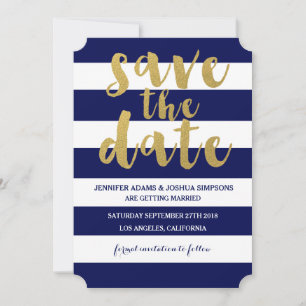 Chic Gold   Bold Blue Stripe Save the Date Invitation