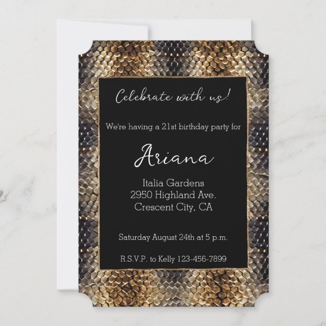 Chic Gold Bronze Black Snake Skin Invitation (Front)