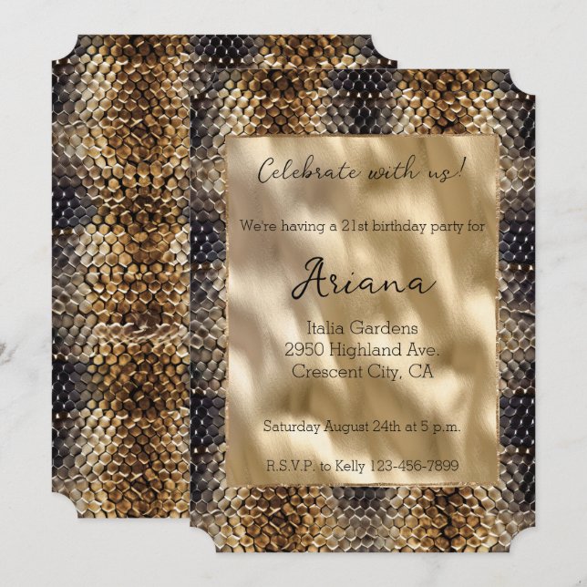 Chic Gold Bronze Black Snake Skin Invitation (Front/Back)