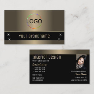 Chic Gold Brown Black Stylish with Logo and Photo Business Card
