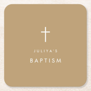 Chic Gold brown cross Baptism Square Paper Coaster