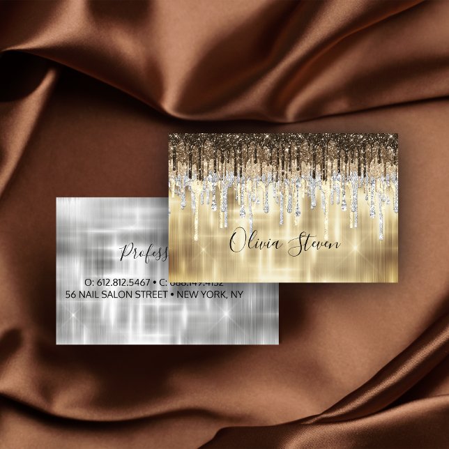 Chic gold brown drippings glitter monogram business card (Creator Uploaded)