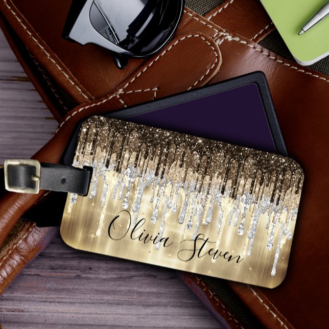 Chic gold brown drippings glitter monogram luggage tag (Creator Uploaded)
