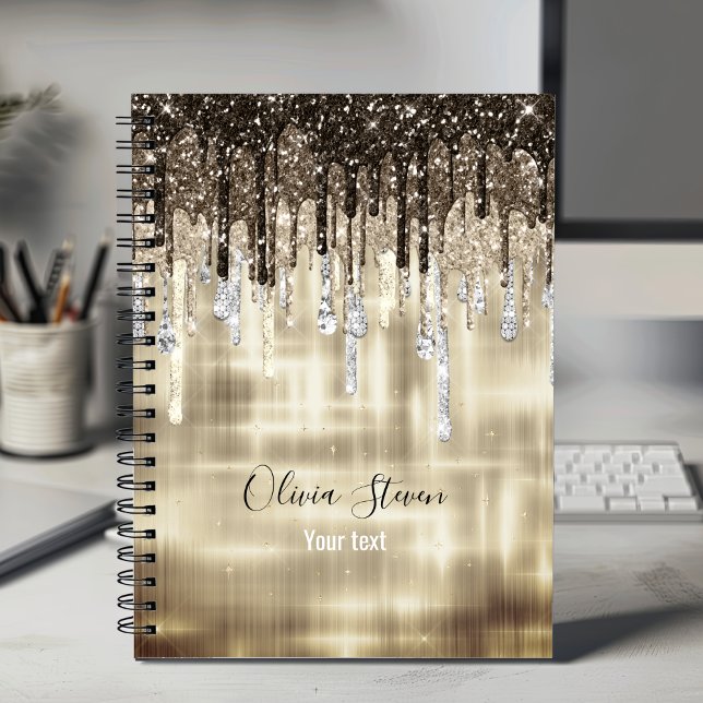 Chic gold brown drippings glitter monogram notebook (Creator Uploaded)