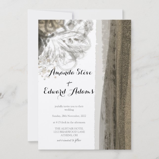 Chic Gold Brown Floral Beige Abstract Wedding Invitation (Front)