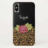 Chic Gold Brown Leopard Print Red Rose With Name