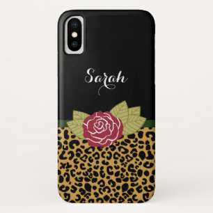 Chic Gold Brown Leopard Print Red Rose With Name iPhone X Case