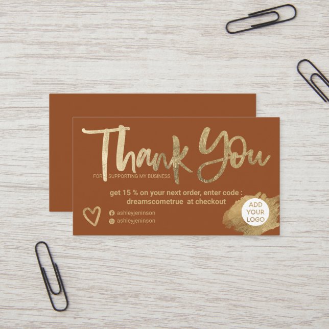 Chic gold brush font boho chic order thank you business card (Front/Back In Situ)