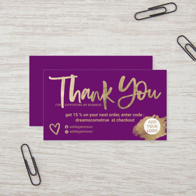 Chic gold brush font purple chic order thank you business card (Front/Back In Situ)