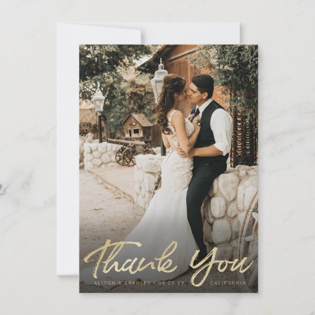 Chic Gold Brush Script with Full Bleed Photo Thank You Card (Front)