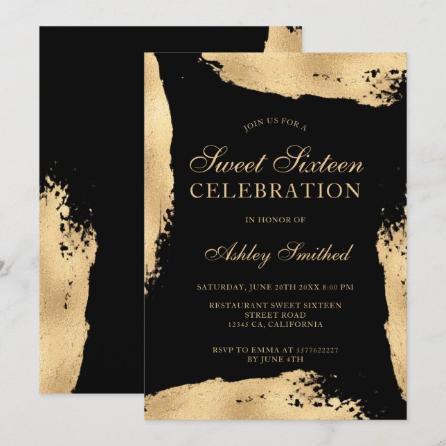 Chic gold brushstroke metallic foil sweet sixteen invitation (Front/Back)