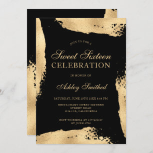 Chic gold brushstroke metallic foil sweet sixteen invitation