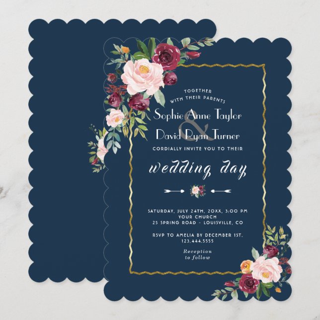 Chic Gold Burgundy Blush Floral Blue Wedding Invitation (Front/Back)