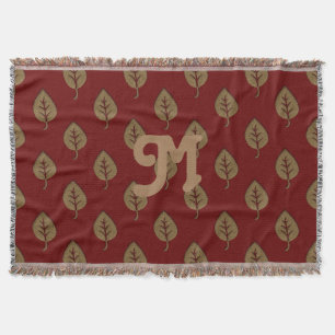 Chic Gold Burgundy Red Leaf Custom Monogram Throw Blanket