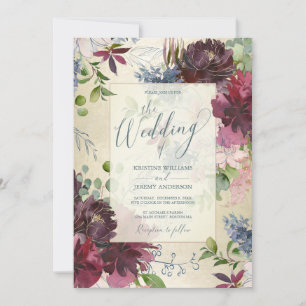 Chic Gold Burgundy Rose Watercolor Floral Wedding Invitation