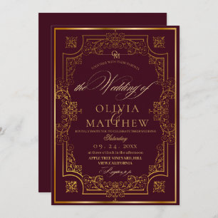 Chic Gold Burgundy Script Wedding Invitation