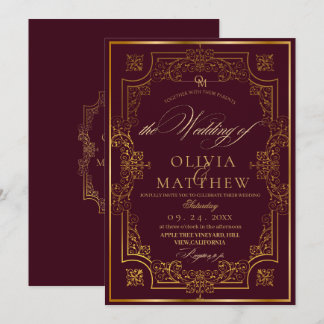 Chic Gold Burgundy Script Wedding Invitation