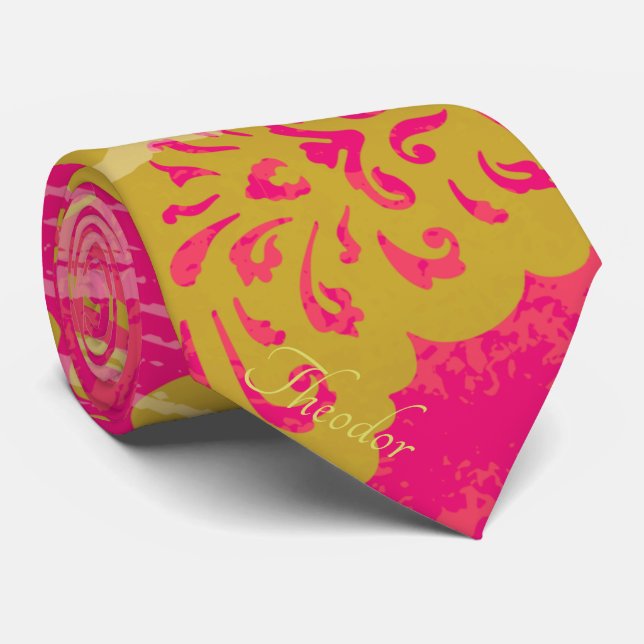 Chic Gold Butterfly Fuchsia Background Tie (Rolled)