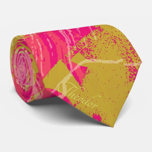 Chic Gold Butterfly Fuchsia Pattern Tie (Rolled)