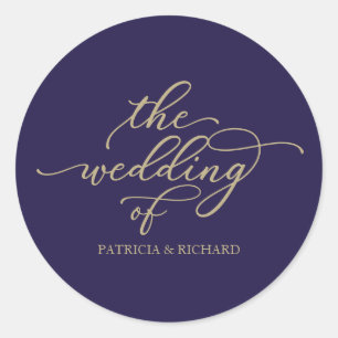 Chic Gold Calligraphy Navy Blue Wedding Classic Round Sticker