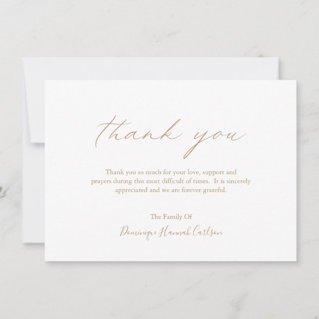 Chic Gold Calligraphy Simple Elegant Funeral Thank You Card (Front)